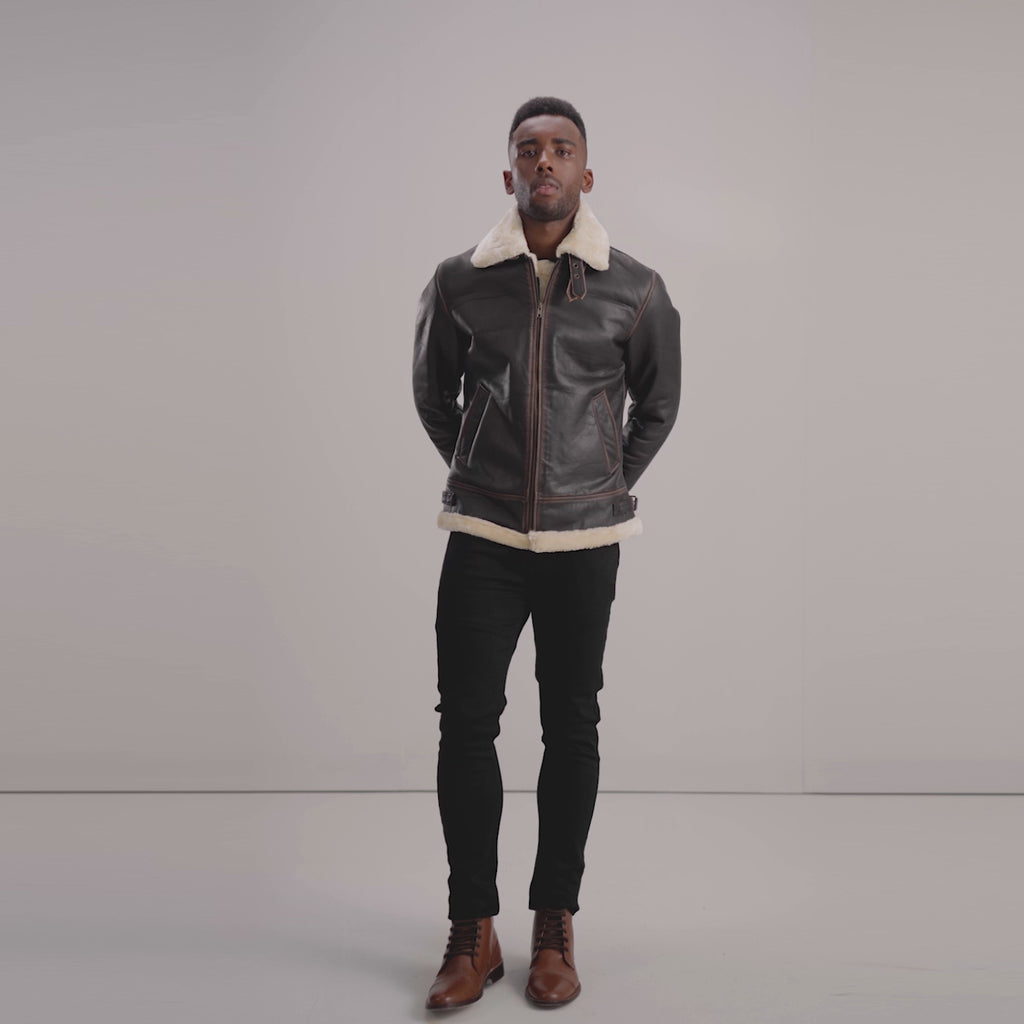 Francis B-3 Brown & Cream Leather Bomber Jacket - The Jacket Maker
